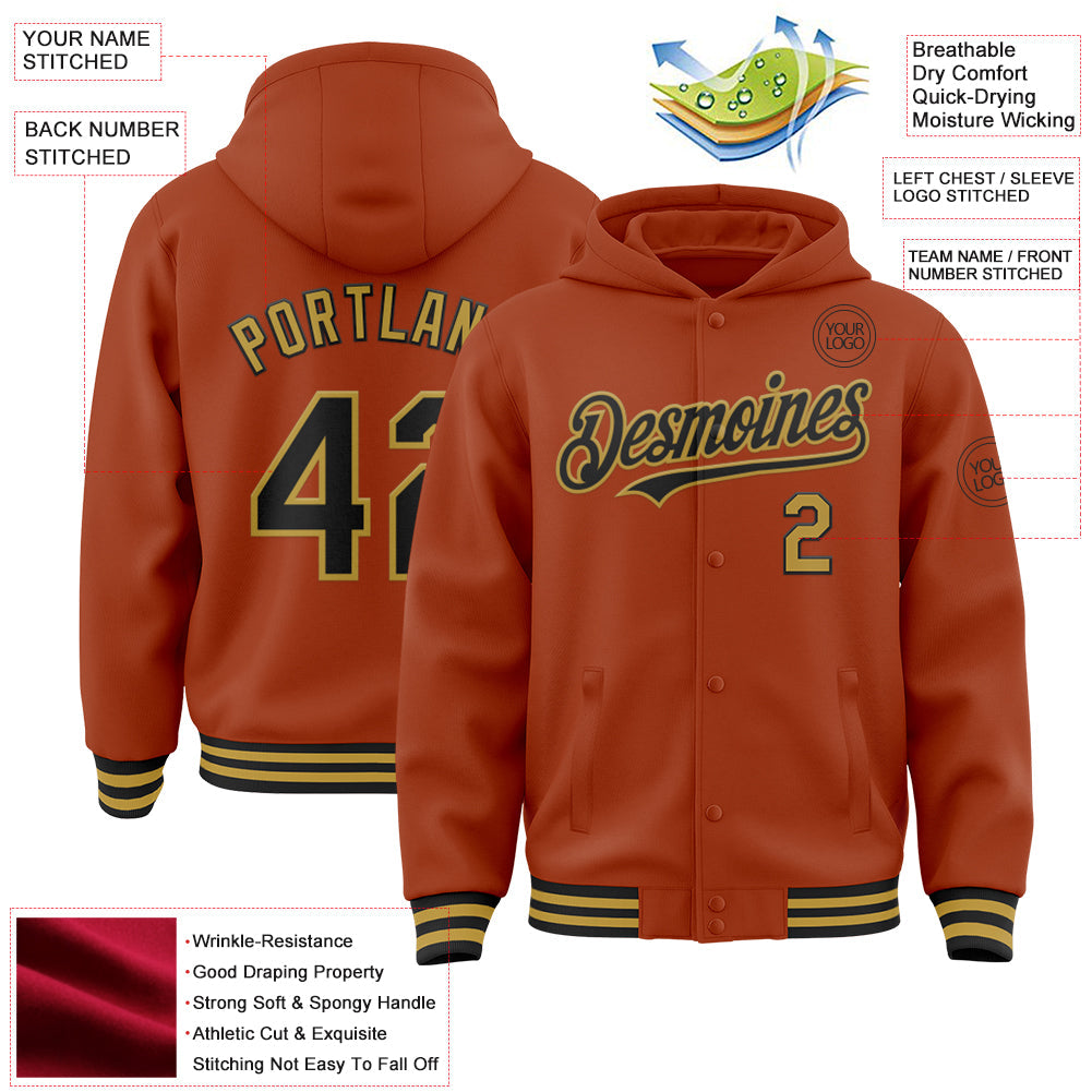 Custom Texas Orange Black-Old Gold Bomber Full-Snap Varsity Letterman Hoodie Jacket view 3