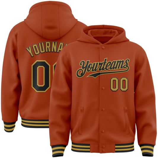 Custom Texas Orange Black-Old Gold Bomber Full-Snap Varsity Letterman Hoodie Jacket - Main View