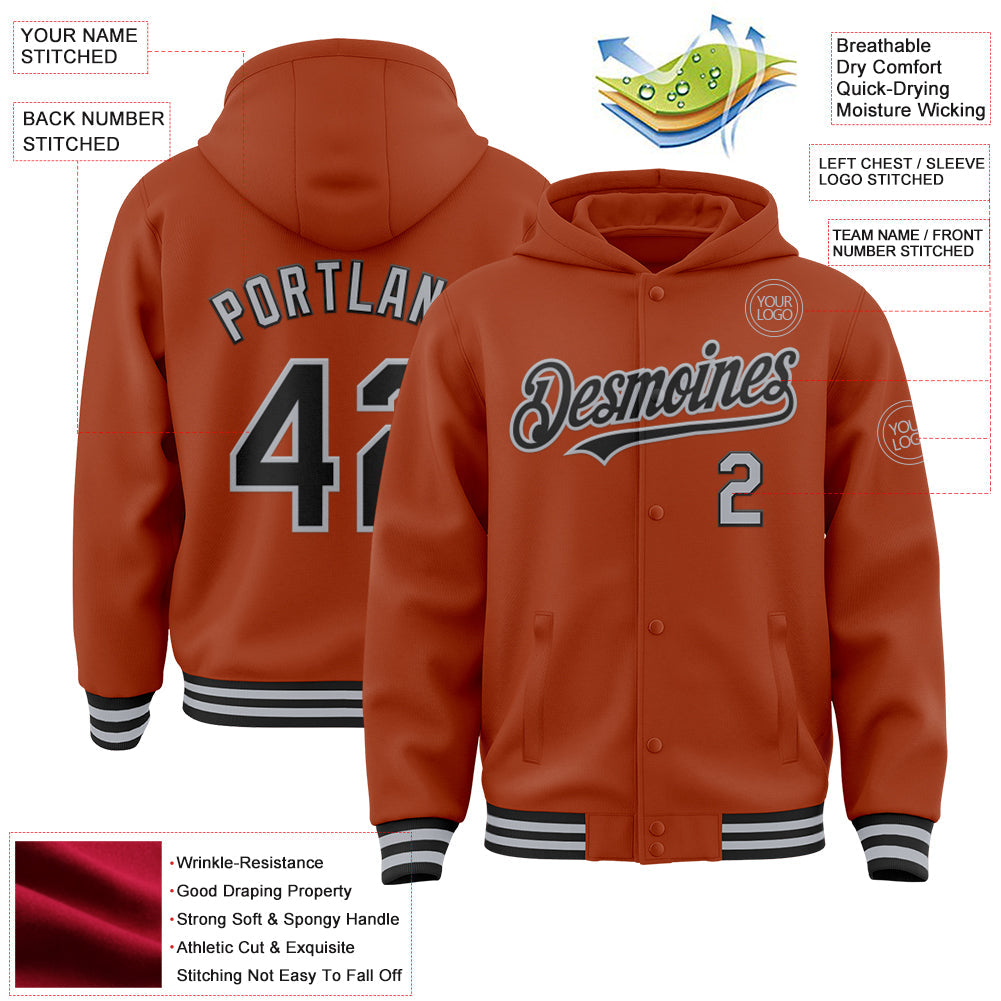 Custom Texas Orange Black-Gray Bomber Full-Snap Varsity Letterman Hoodie Jacket view 3