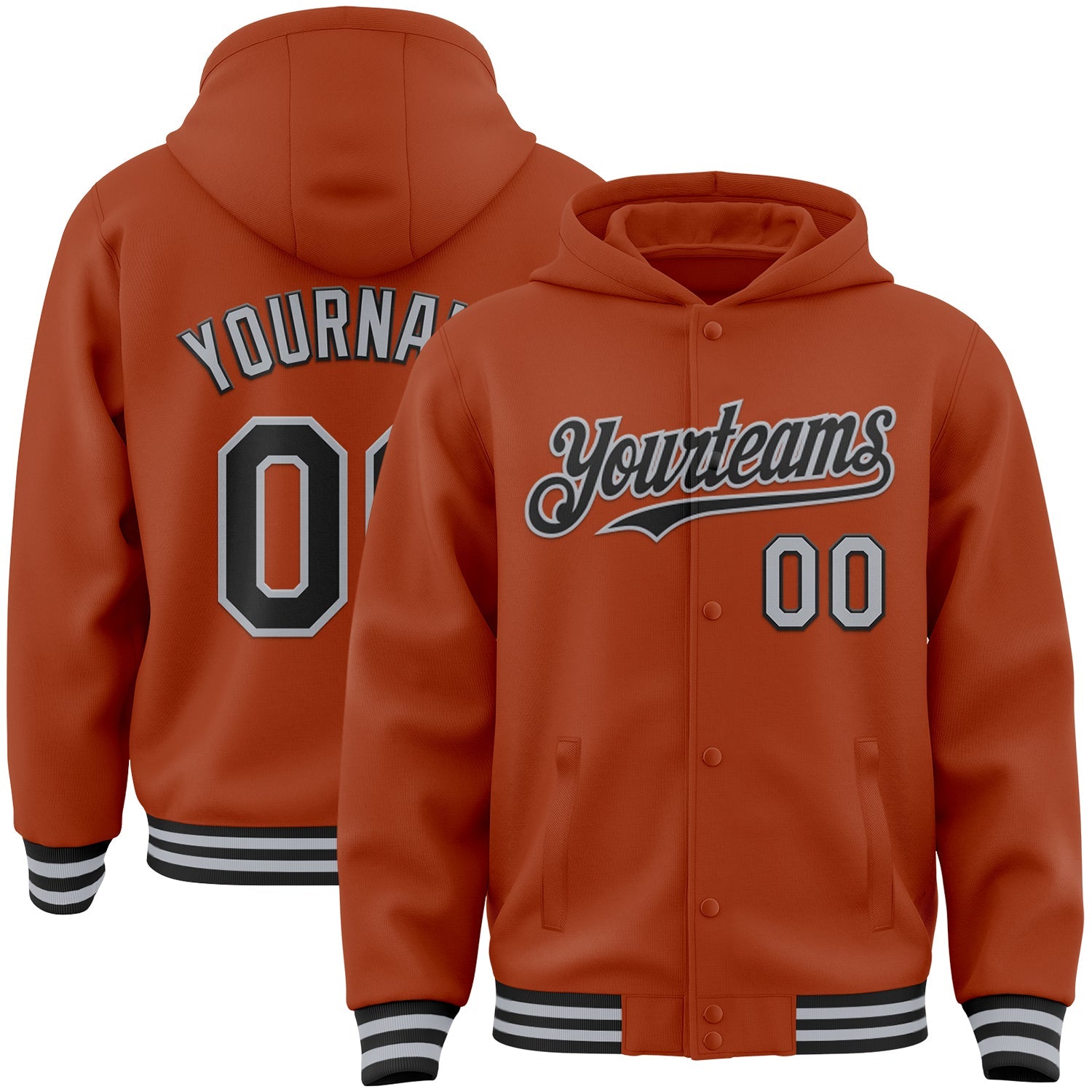 Custom Texas Orange Black-Gray Bomber Full-Snap Varsity Letterman Hoodie Jacket - Main View