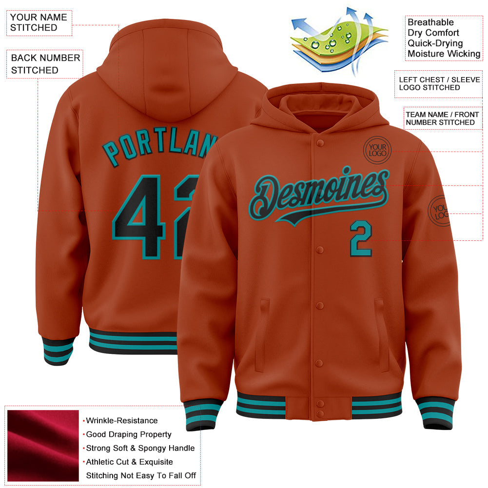 Custom Texas Orange Black-Teal Bomber Full-Snap Varsity Letterman Hoodie Jacket view 3