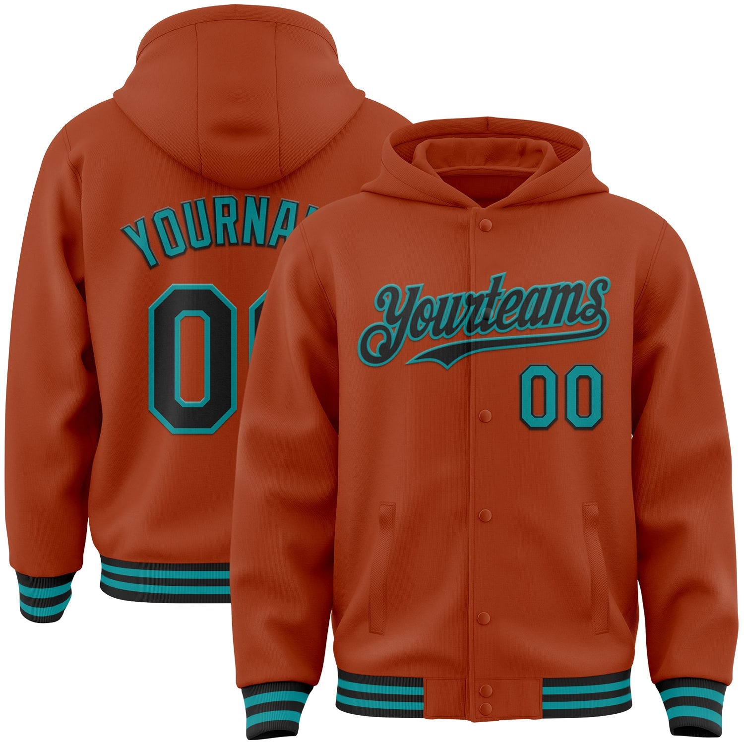 Custom Texas Orange Black-Teal Bomber Full-Snap Varsity Letterman Hoodie Jacket - Main View