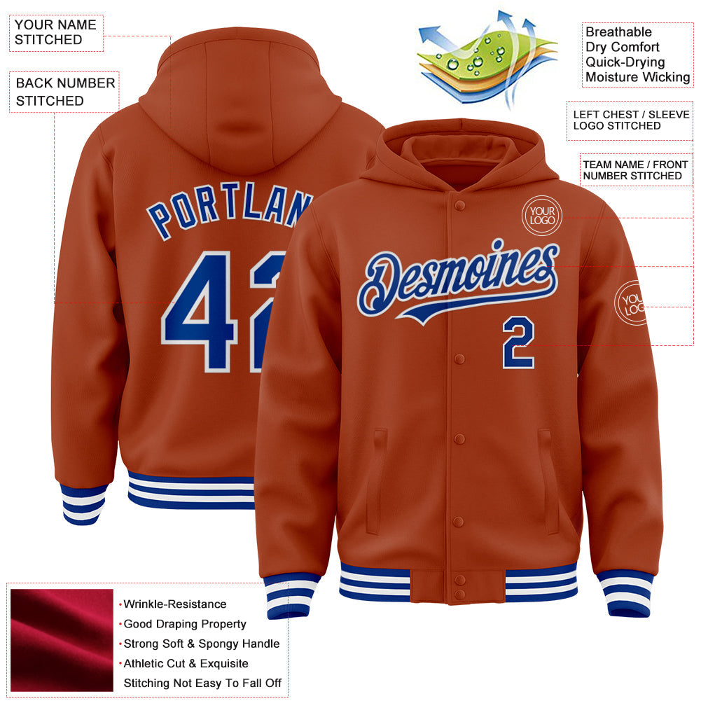 Custom Texas Orange Royal-White Bomber Full-Snap Varsity Letterman Hoodie Jacket view 3