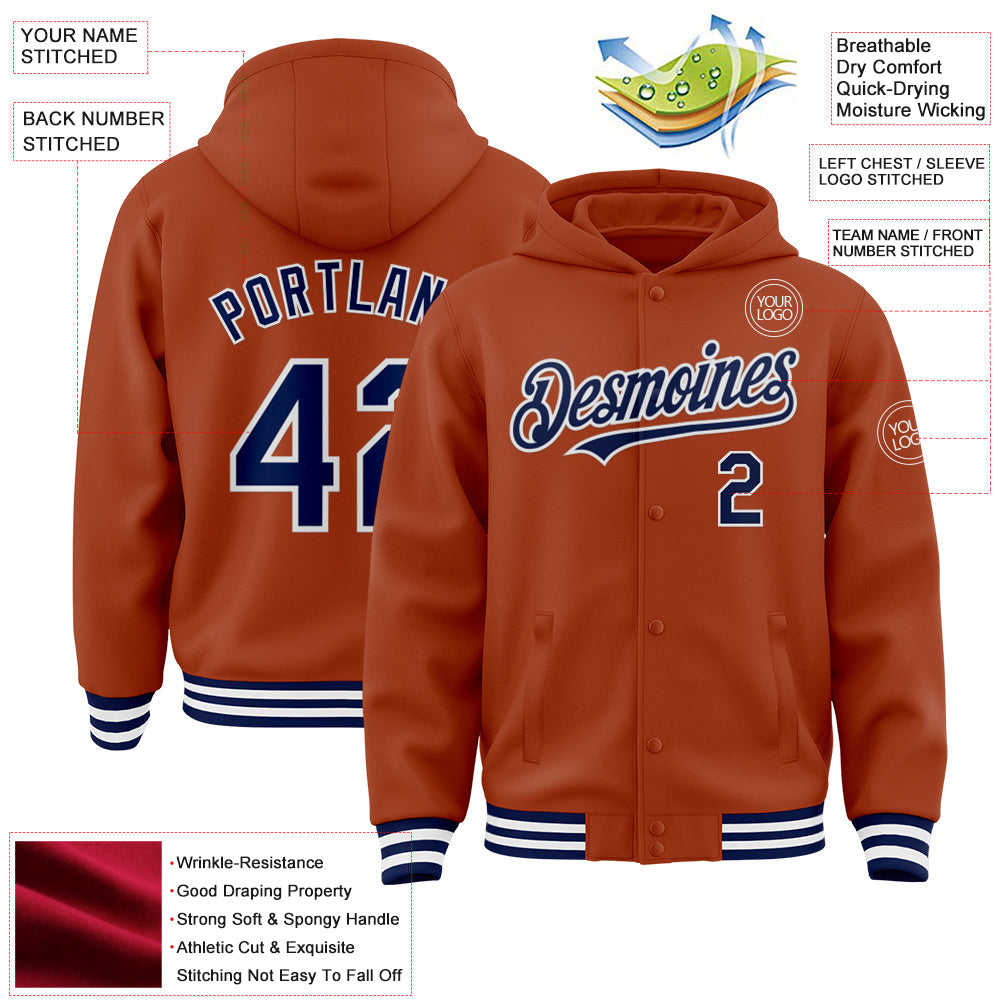 Custom Texas Orange Navy-White Bomber Full-Snap Varsity Letterman Hoodie Jacket view 3