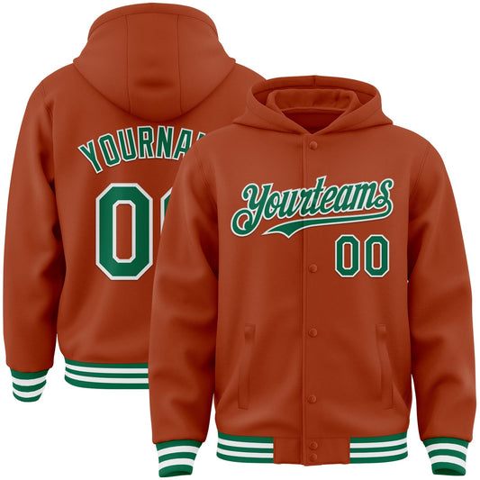Custom Texas Orange Kelly Green-White Bomber Full-Snap Varsity Letterman Hoodie Jacket - Main View