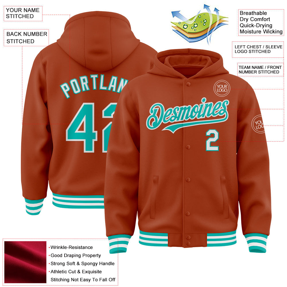 Custom Texas Orange Aqua-White Bomber Full-Snap Varsity Letterman Hoodie Jacket view 3