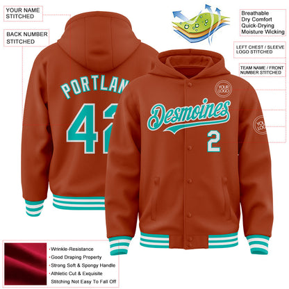 Custom Texas Orange Aqua-White Bomber Full-Snap Varsity Letterman Hoodie Jacket view 3