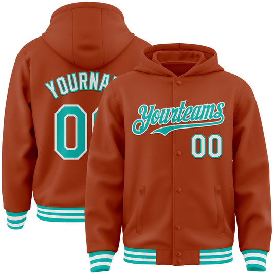Custom Texas Orange Aqua-White Bomber Full-Snap Varsity Letterman Hoodie Jacket - Main View