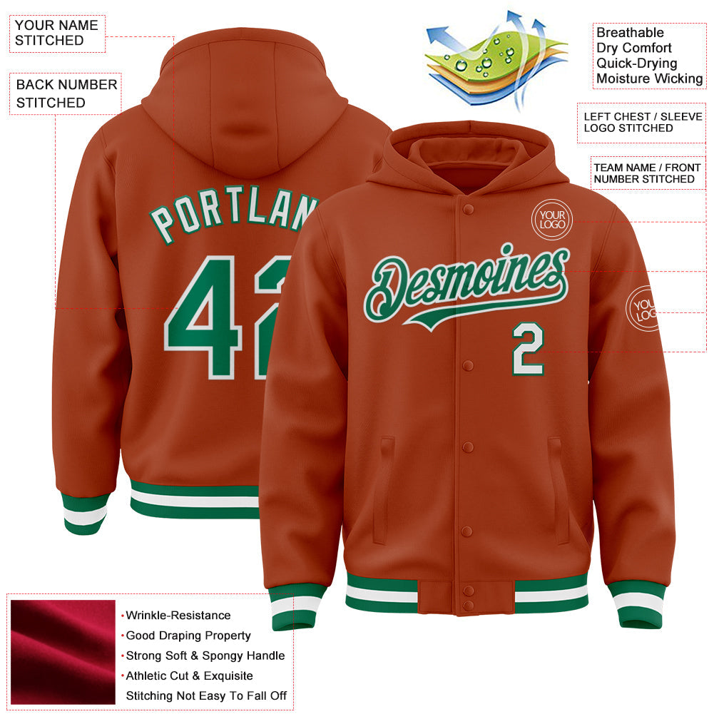 Custom Texas Orange Kelly Green-White Bomber Full-Snap Varsity Letterman Hoodie Jacket view 3