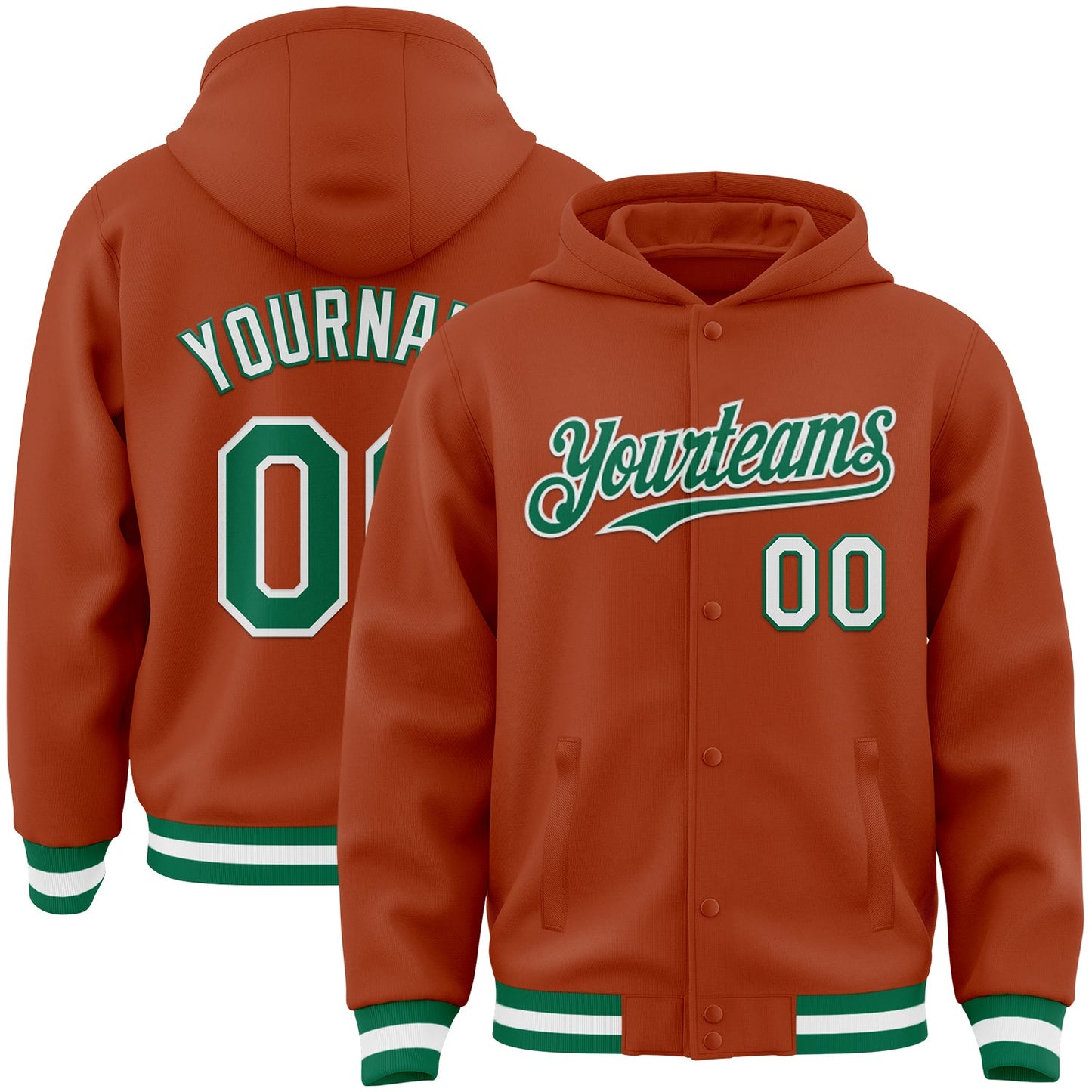 Custom Texas Orange Kelly Green-White Bomber Full-Snap Varsity Letterman Hoodie Jacket - Main View