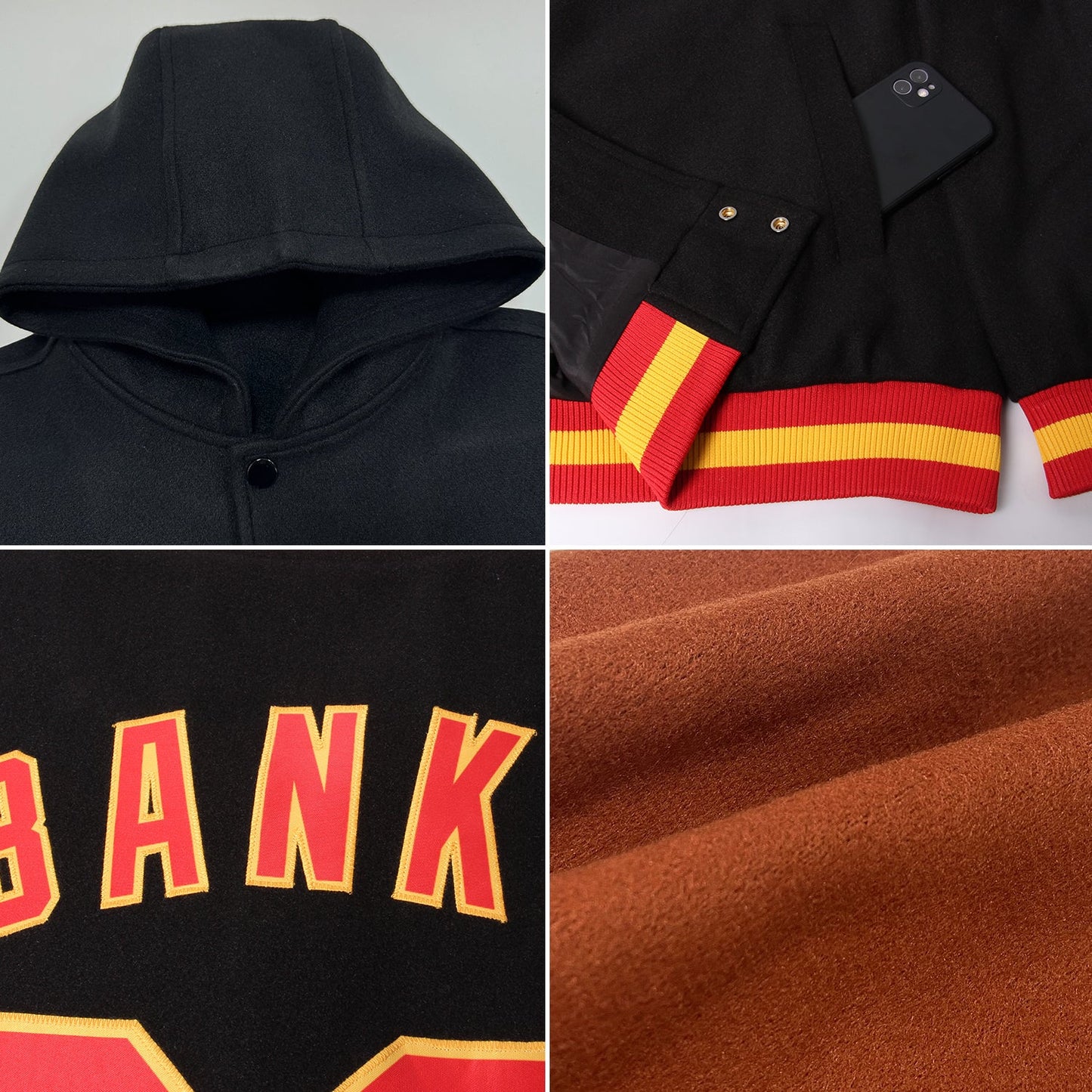 Custom Texas Orange Black-White Bomber Full-Snap Varsity Letterman Hoodie Jacket view 2