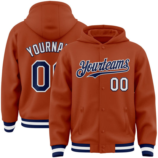 Custom Texas Orange Navy-White Bomber Full-Snap Varsity Letterman Hoodie Jacket - Main View