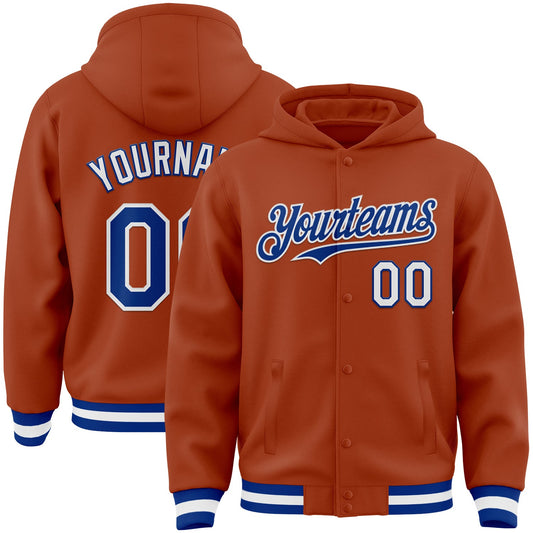 Custom Texas Orange Royal-White Bomber Full-Snap Varsity Letterman Hoodie Jacket - Main View