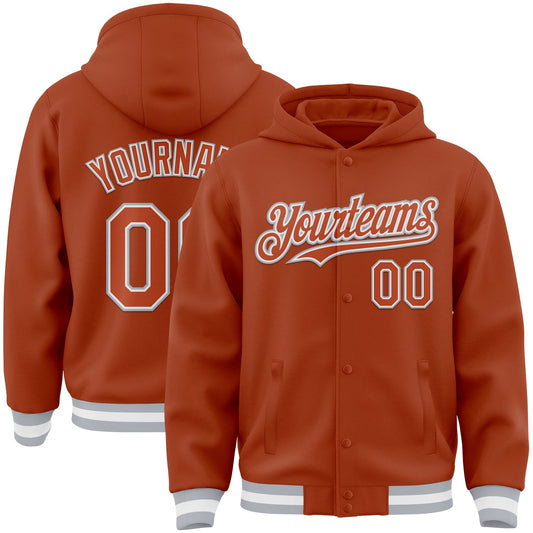 Custom Texas Orange White-Gray Bomber Full-Snap Varsity Letterman Hoodie Jacket - Main View