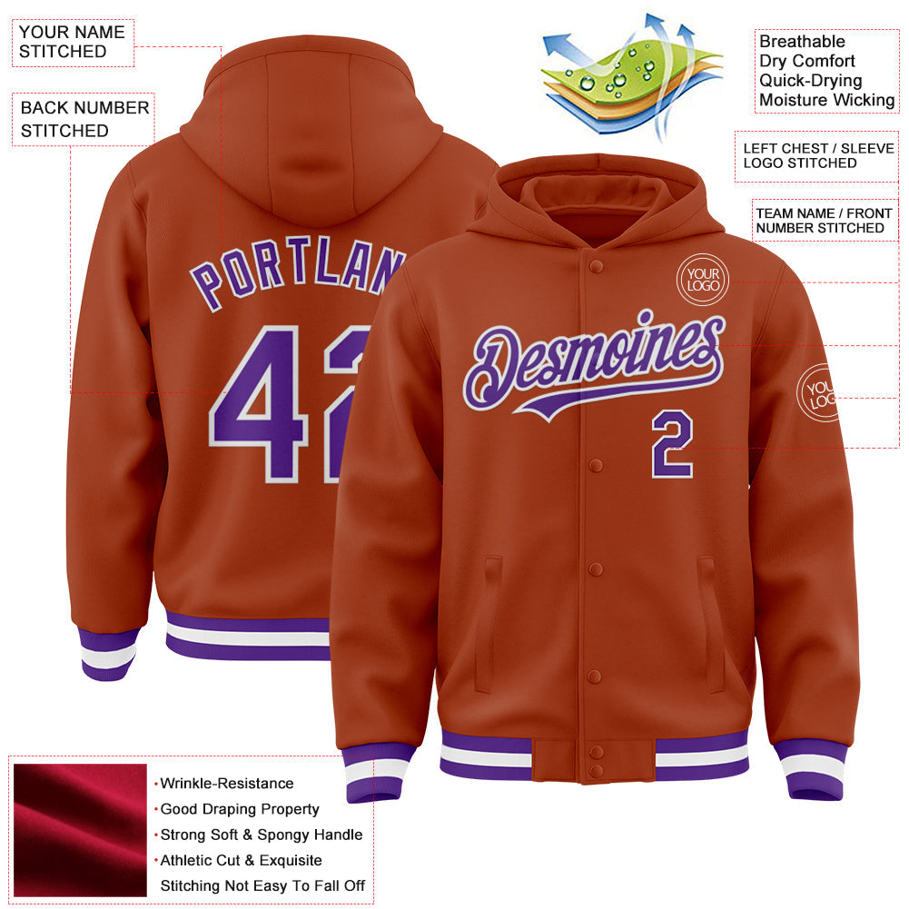 Custom Texas Orange Purple-White Bomber Full-Snap Varsity Letterman Hoodie Jacket view 3