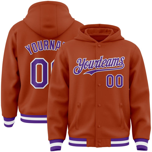 Custom Texas Orange Purple-White Bomber Full-Snap Varsity Letterman Hoodie Jacket - Main View