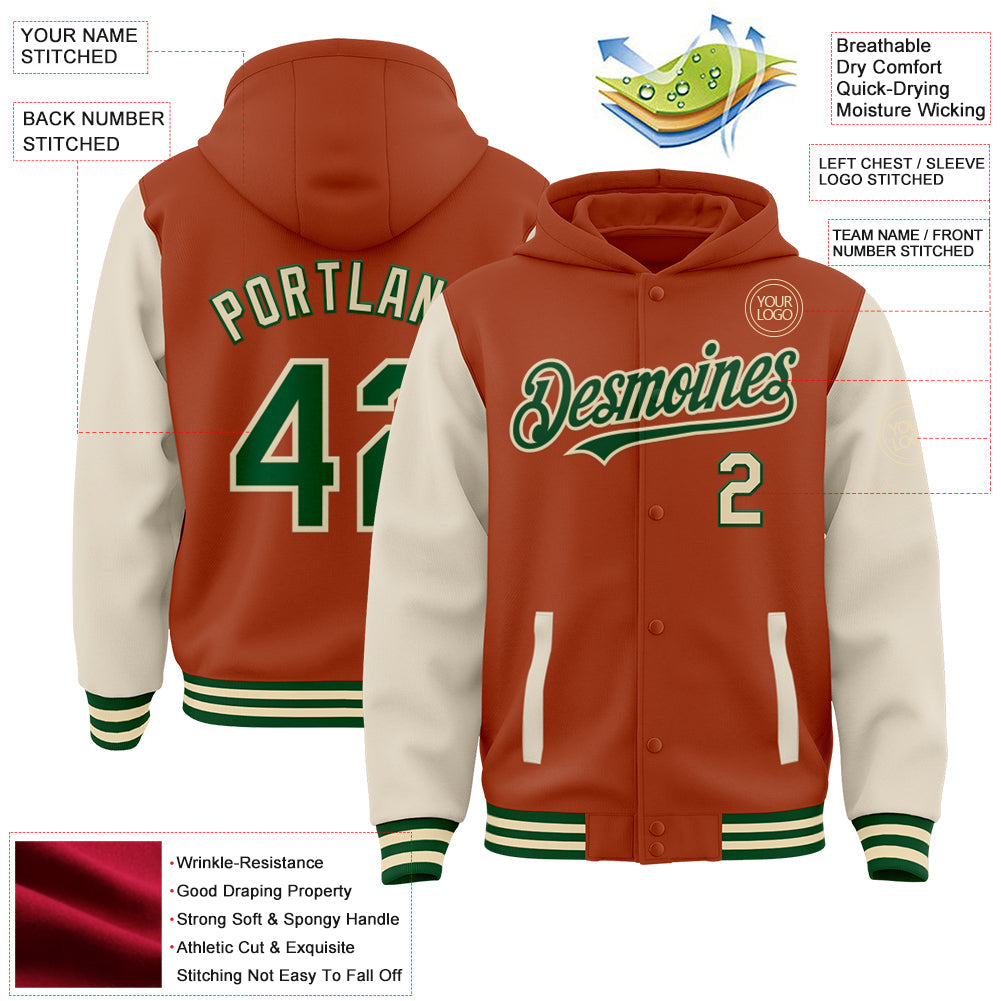 Custom Texas Orange Green-Cream Bomber Full-Snap Varsity Letterman Two Tone Hoodie Jacket view 3