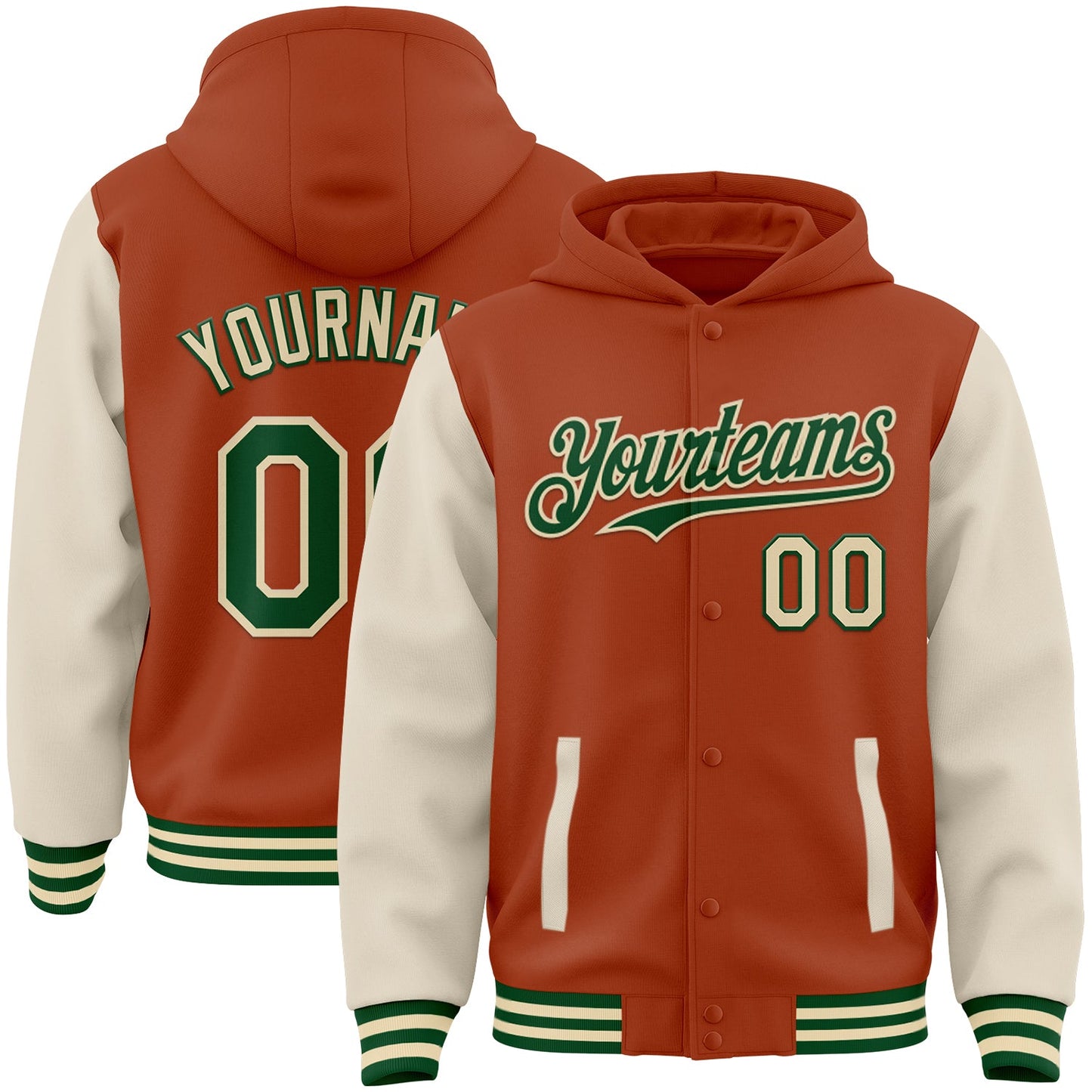 Custom Texas Orange Green-Cream Bomber Full-Snap Varsity Letterman Two Tone Hoodie Jacket - Main View
