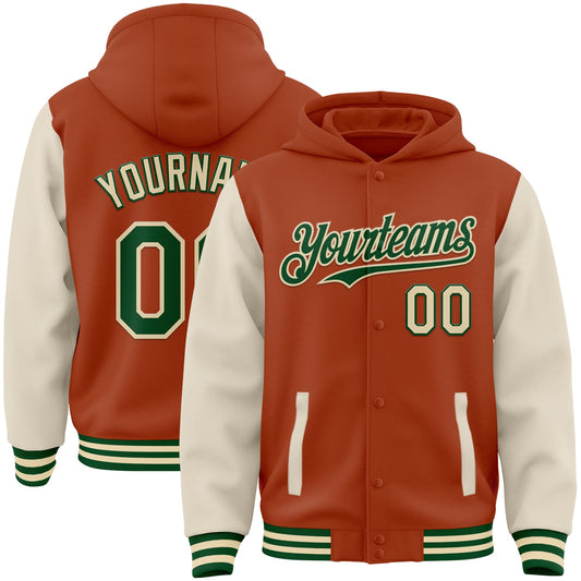 Custom Texas Orange Green-Cream Bomber Full-Snap Varsity Letterman Two Tone Hoodie Jacket - Main View
