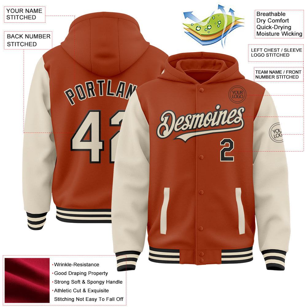 Custom Texas Orange Cream-Black Bomber Full-Snap Varsity Letterman Two Tone Hoodie Jacket view 3