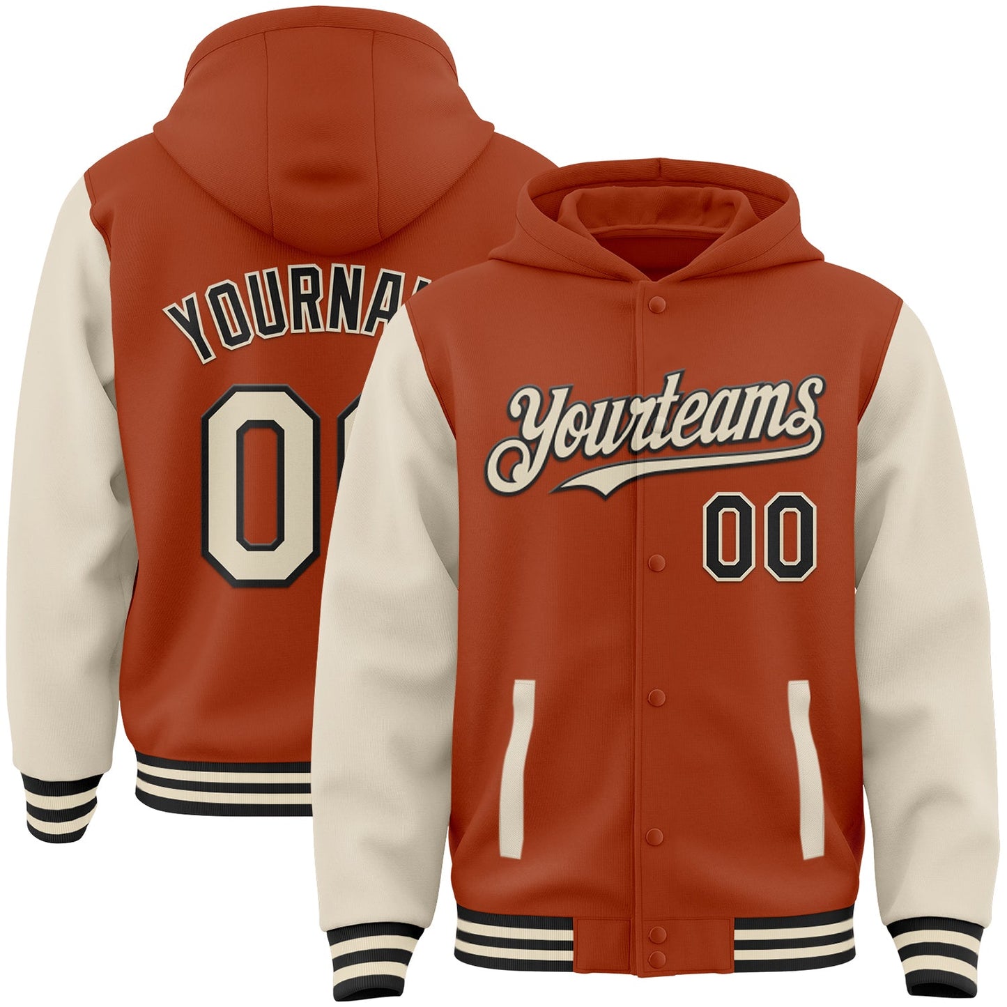 Custom Texas Orange Cream-Black Bomber Full-Snap Varsity Letterman Two Tone Hoodie Jacket - Main View