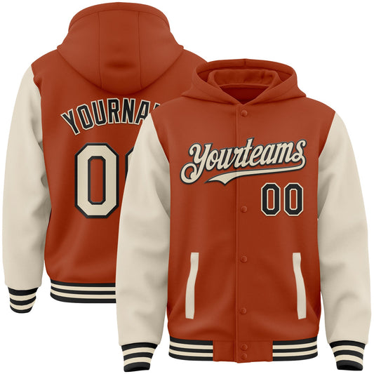 Custom Texas Orange Cream-Black Bomber Full-Snap Varsity Letterman Two Tone Hoodie Jacket - Main View