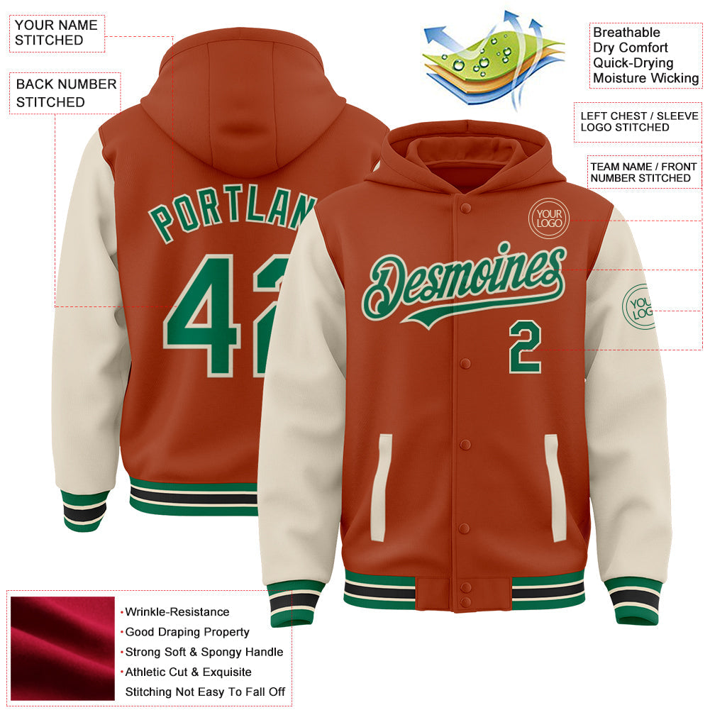 Custom Texas Orange Kelly Green-Cream Bomber Full-Snap Varsity Letterman Two Tone Hoodie Jacket view 3