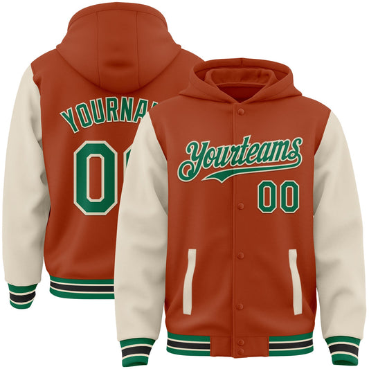 Custom Texas Orange Kelly Green-Cream Bomber Full-Snap Varsity Letterman Two Tone Hoodie Jacket - Main View