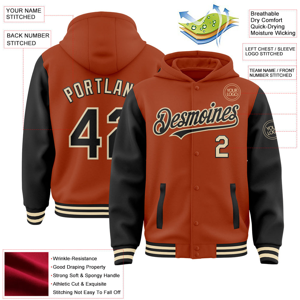Custom Texas Orange Black-Cream Bomber Full-Snap Varsity Letterman Two Tone Hoodie Jacket view 3