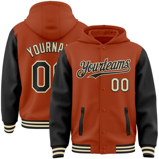 Custom Texas Orange Black-Cream Bomber Full-Snap Varsity Letterman Two Tone Hoodie Jacket - Main View
