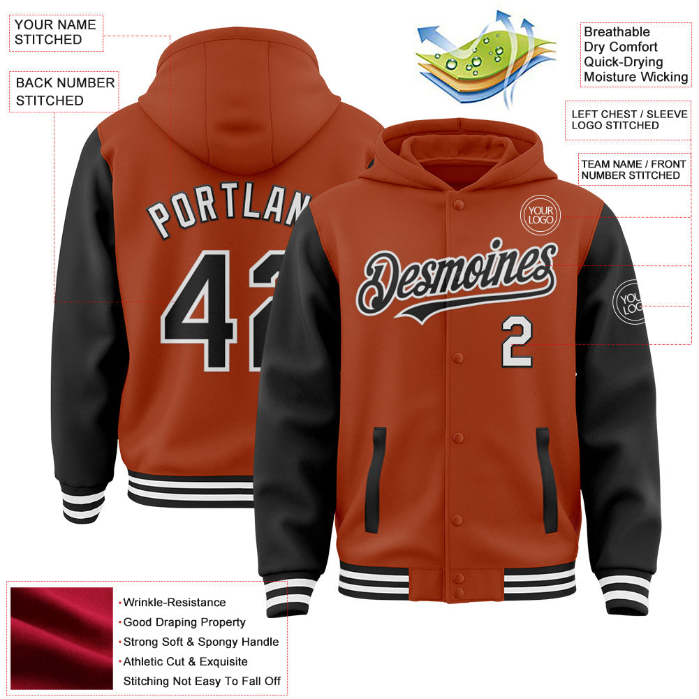 Custom Texas Orange Black-White Bomber Full-Snap Varsity Letterman Two Tone Hoodie Jacket view 3