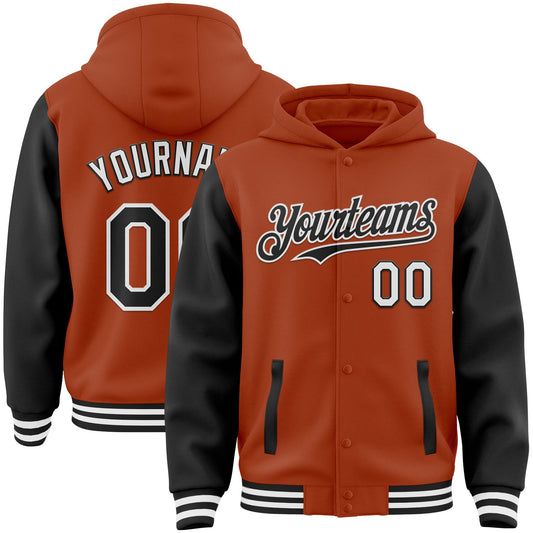 Custom Texas Orange Black-White Bomber Full-Snap Varsity Letterman Two Tone Hoodie Jacket - Main View
