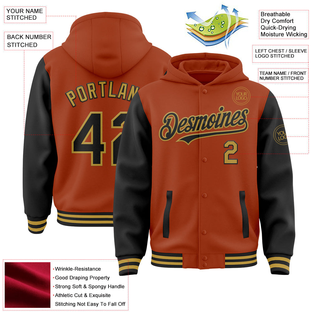 Custom Texas Orange Black-Old Gold Bomber Full-Snap Varsity Letterman Two Tone Hoodie Jacket view 3