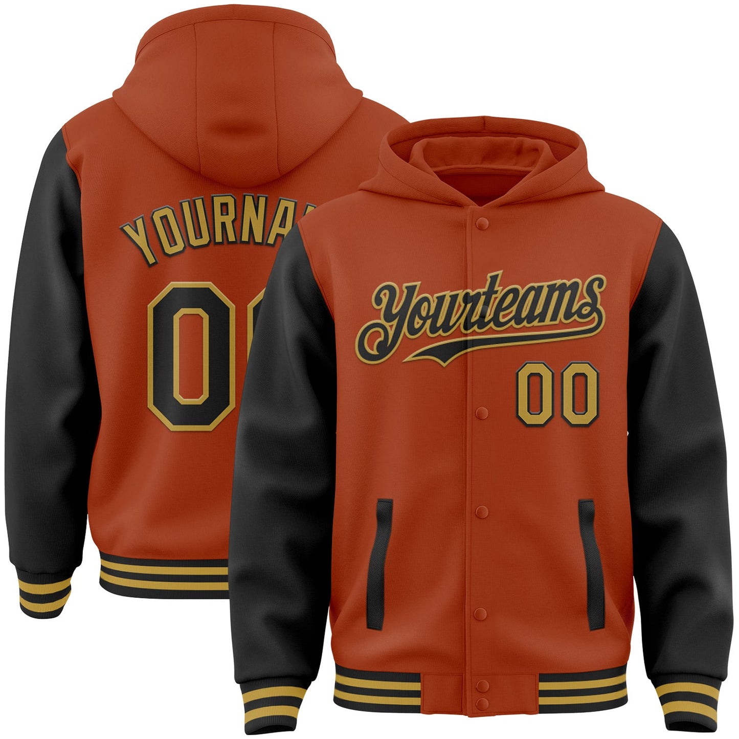 Custom Texas Orange Black-Old Gold Bomber Full-Snap Varsity Letterman Two Tone Hoodie Jacket - Main View