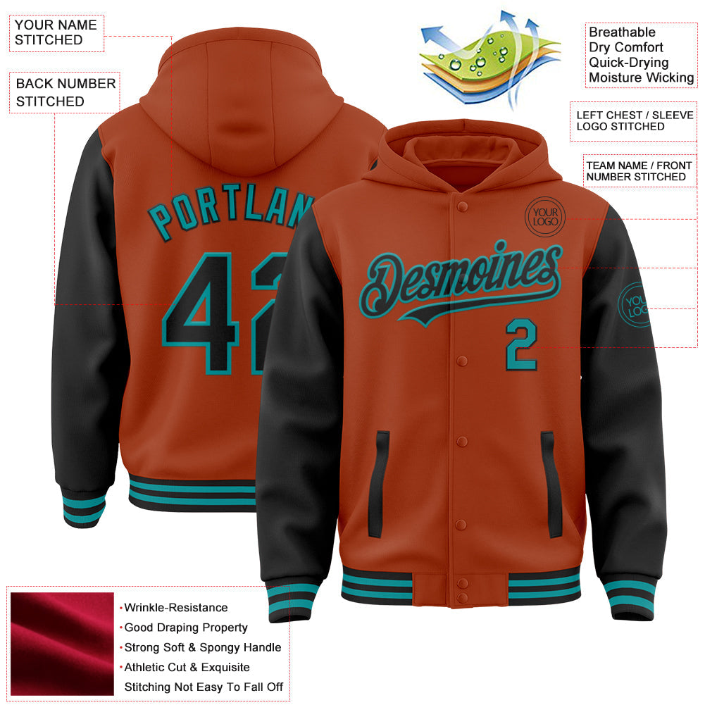Custom Texas Orange Black-Teal Bomber Full-Snap Varsity Letterman Two Tone Hoodie Jacket view 3