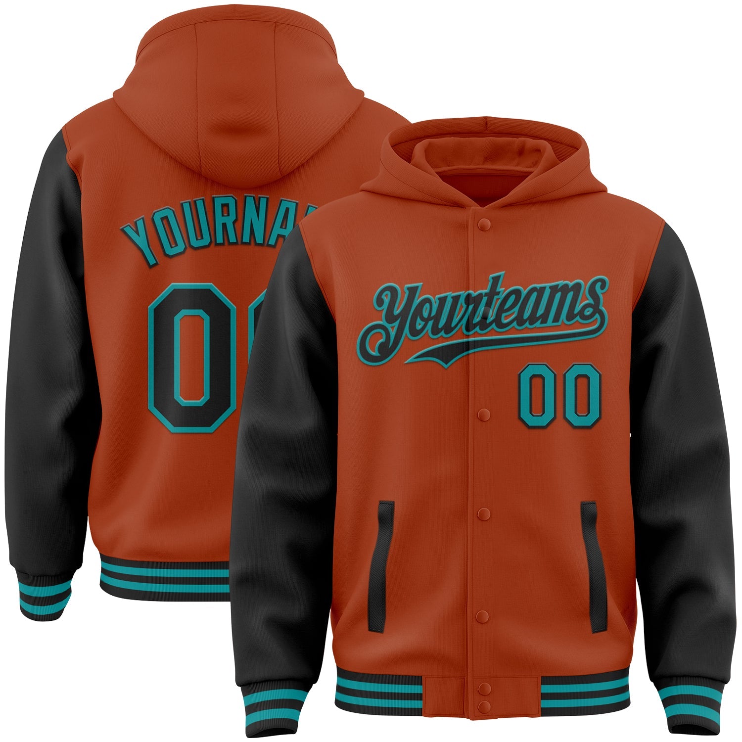 Custom Texas Orange Black-Teal Bomber Full-Snap Varsity Letterman Two Tone Hoodie Jacket - Main View