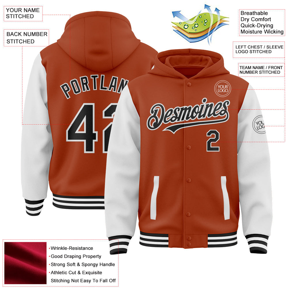 Custom Texas Orange Black-White Bomber Full-Snap Varsity Letterman Two Tone Hoodie Jacket view 3