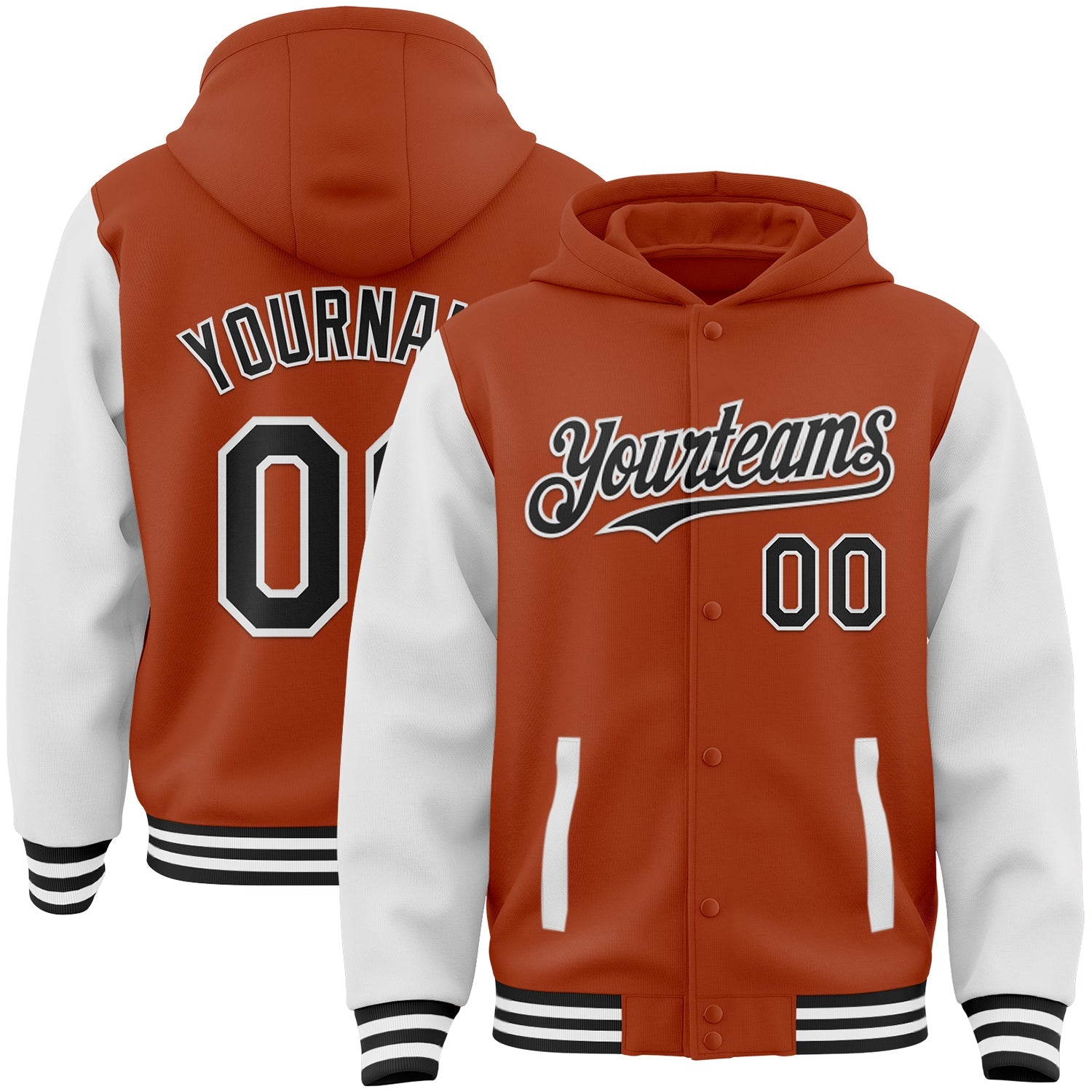 Custom Texas Orange Black-White Bomber Full-Snap Varsity Letterman Two Tone Hoodie Jacket - Main View