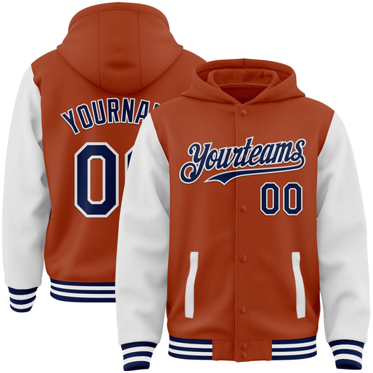 Custom Texas Orange Navy-White Bomber Full-Snap Varsity Letterman Two Tone Hoodie Jacket - Main View