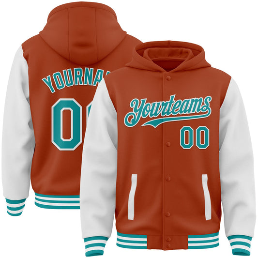 Custom Texas Orange Teal-White Bomber Full-Snap Varsity Letterman Two Tone Hoodie Jacket - Main View