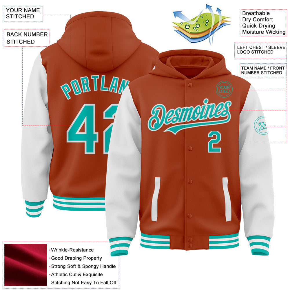 Custom Texas Orange Aqua-White Bomber Full-Snap Varsity Letterman Two Tone Hoodie Jacket view 3