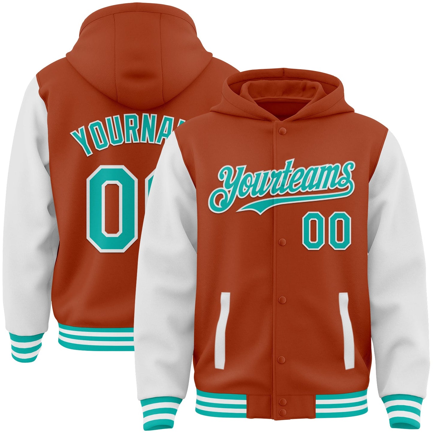 Custom Texas Orange Aqua-White Bomber Full-Snap Varsity Letterman Two Tone Hoodie Jacket - Main View