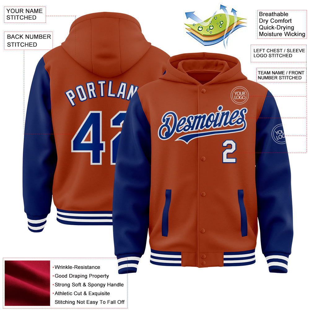 Custom Texas Orange Royal-White Bomber Full-Snap Varsity Letterman Two Tone Hoodie Jacket view 3