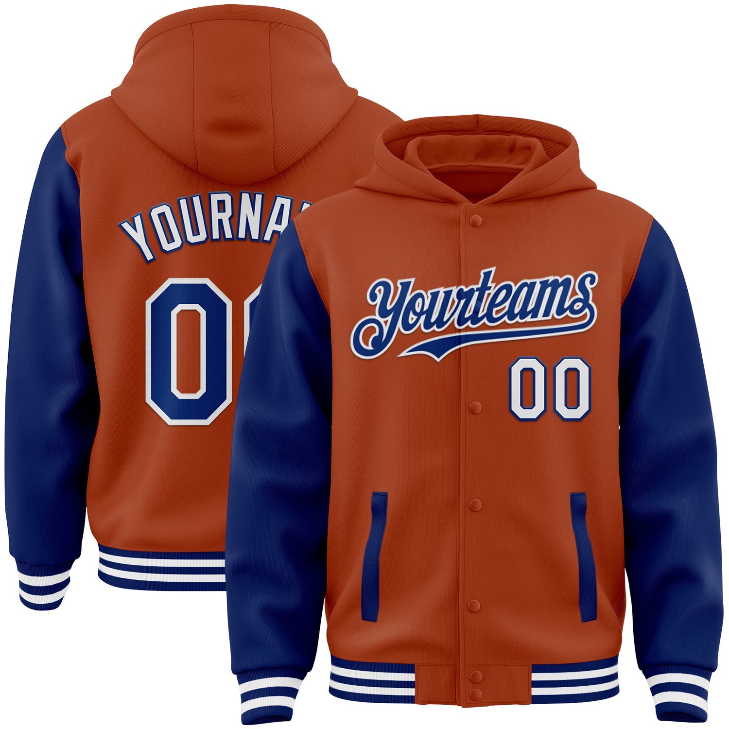 Custom Texas Orange Royal-White Bomber Full-Snap Varsity Letterman Two Tone Hoodie Jacket - Main View