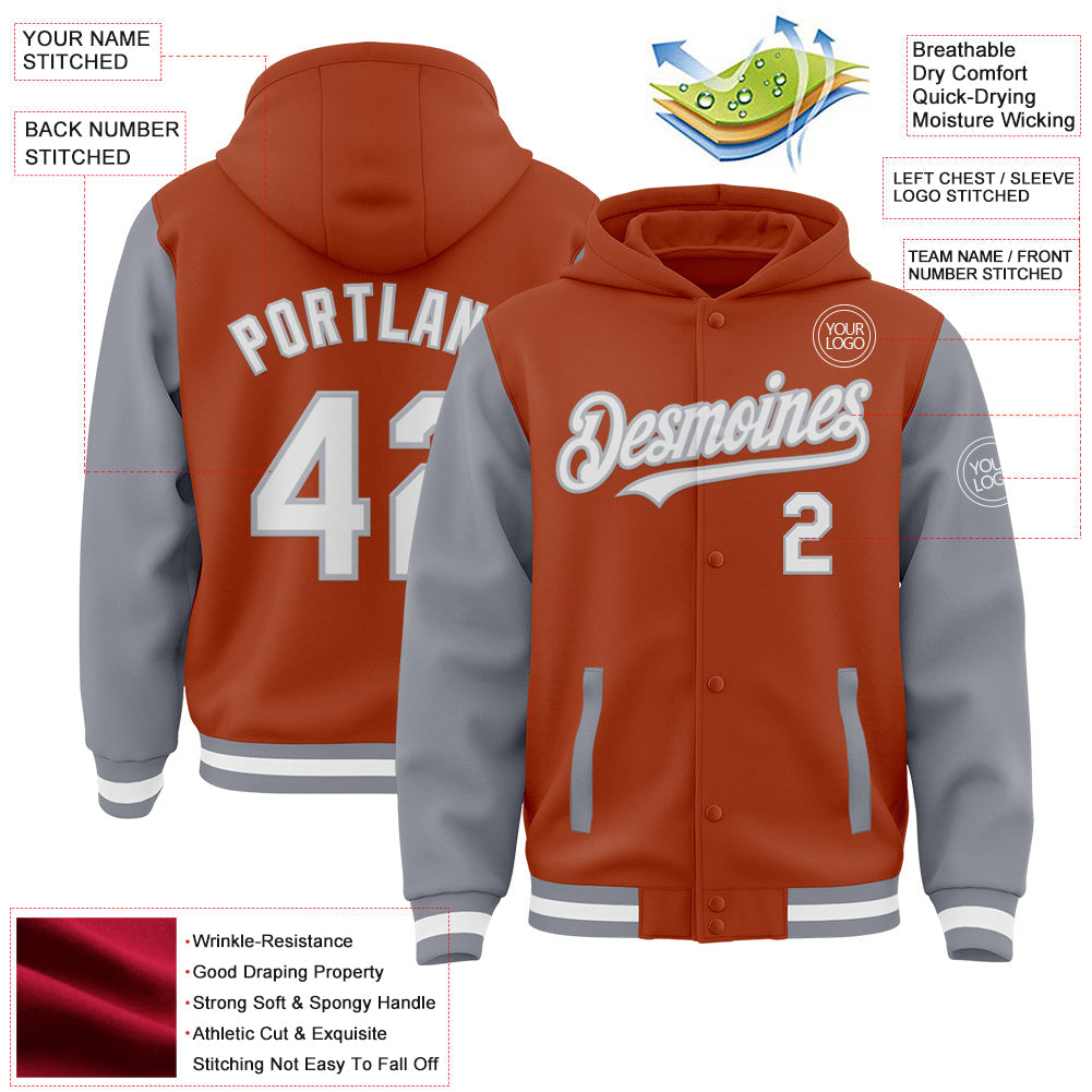 Custom Texas Orange White-Gray Bomber Full-Snap Varsity Letterman Two Tone Hoodie Jacket view 3