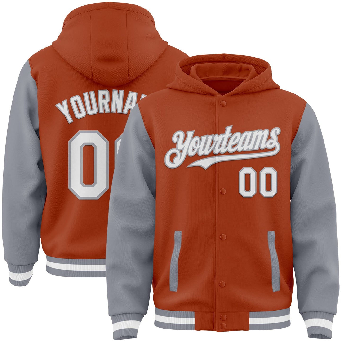 Custom Texas Orange White-Gray Bomber Full-Snap Varsity Letterman Two Tone Hoodie Jacket - Main View