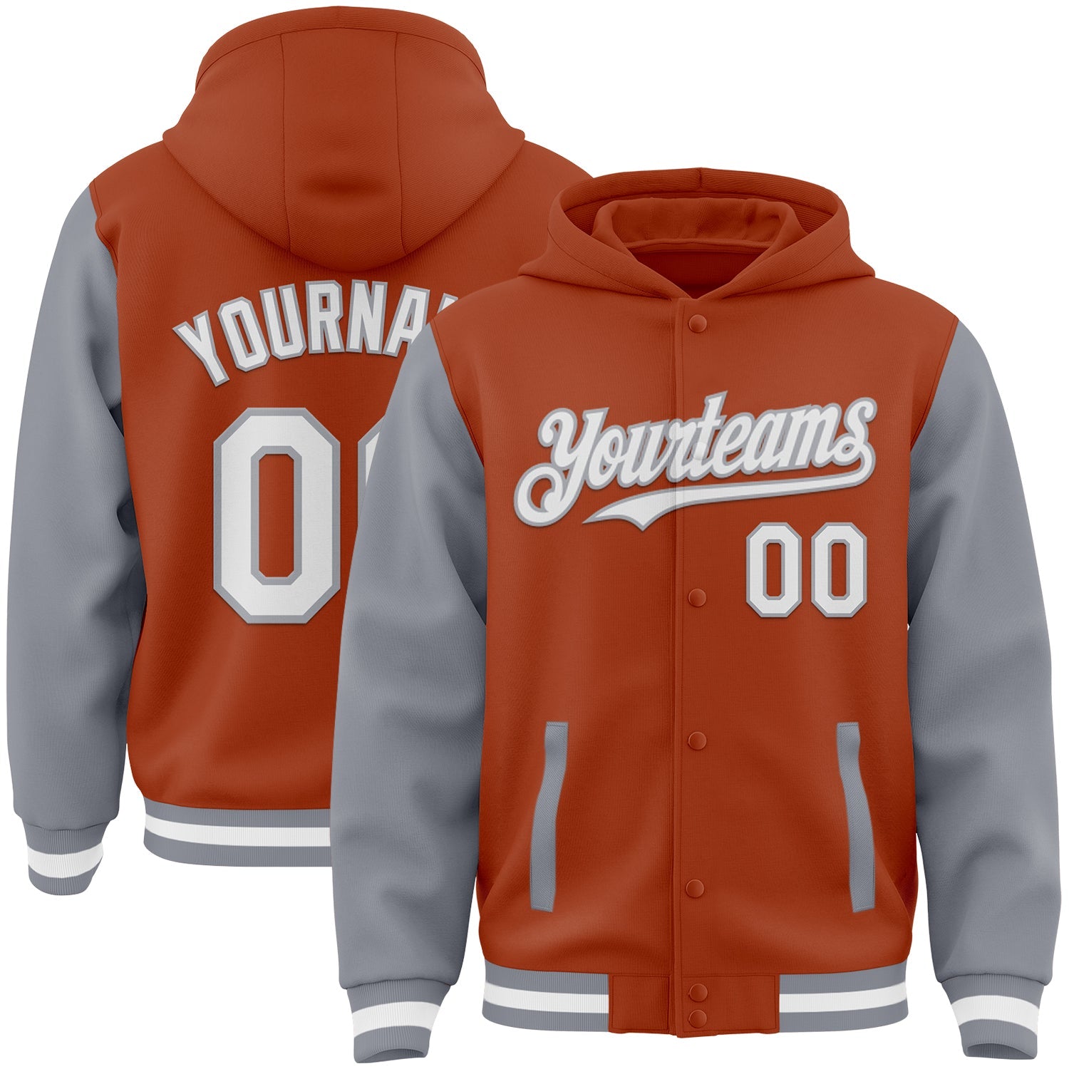 Custom Texas Orange White-Gray Bomber Full-Snap Varsity Letterman Two Tone Hoodie Jacket - Main View