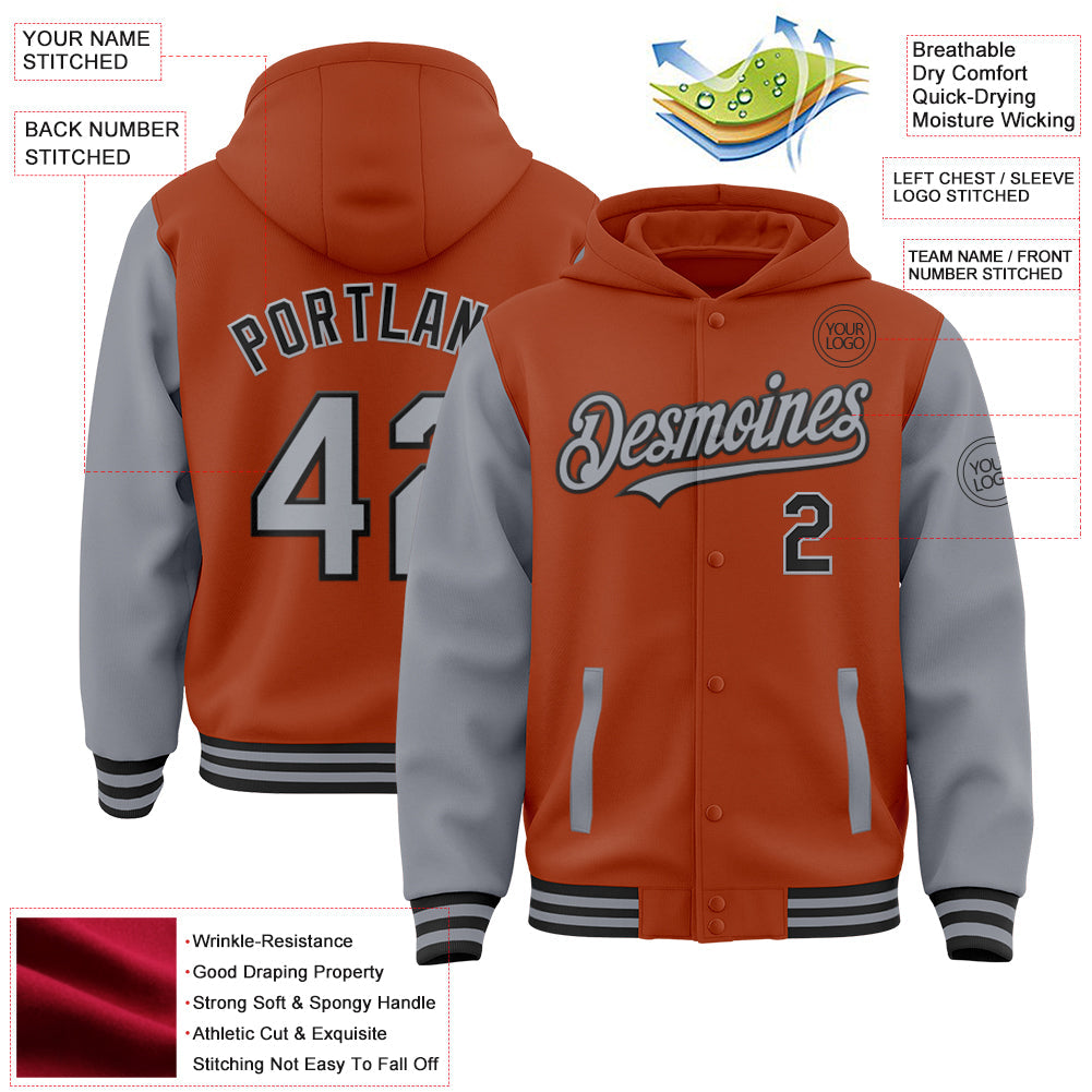 Custom Texas Orange Gray-Black Bomber Full-Snap Varsity Letterman Two Tone Hoodie Jacket view 3
