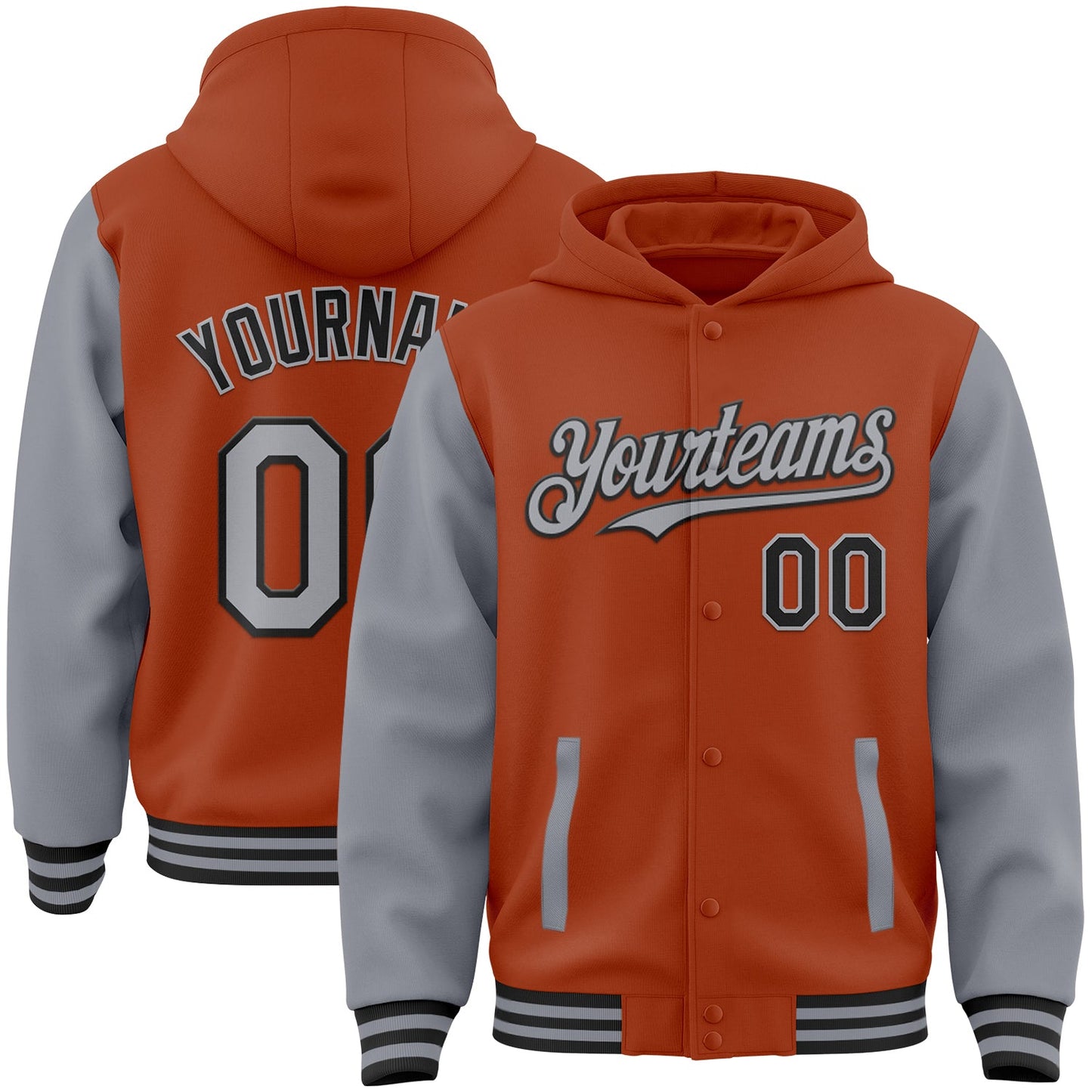 Custom Texas Orange Gray-Black Bomber Full-Snap Varsity Letterman Two Tone Hoodie Jacket - Main View
