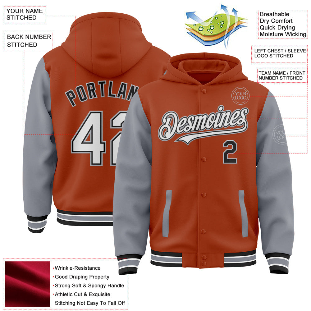 Custom Texas Orange Black-Gray Bomber Full-Snap Varsity Letterman Two Tone Hoodie Jacket view 3